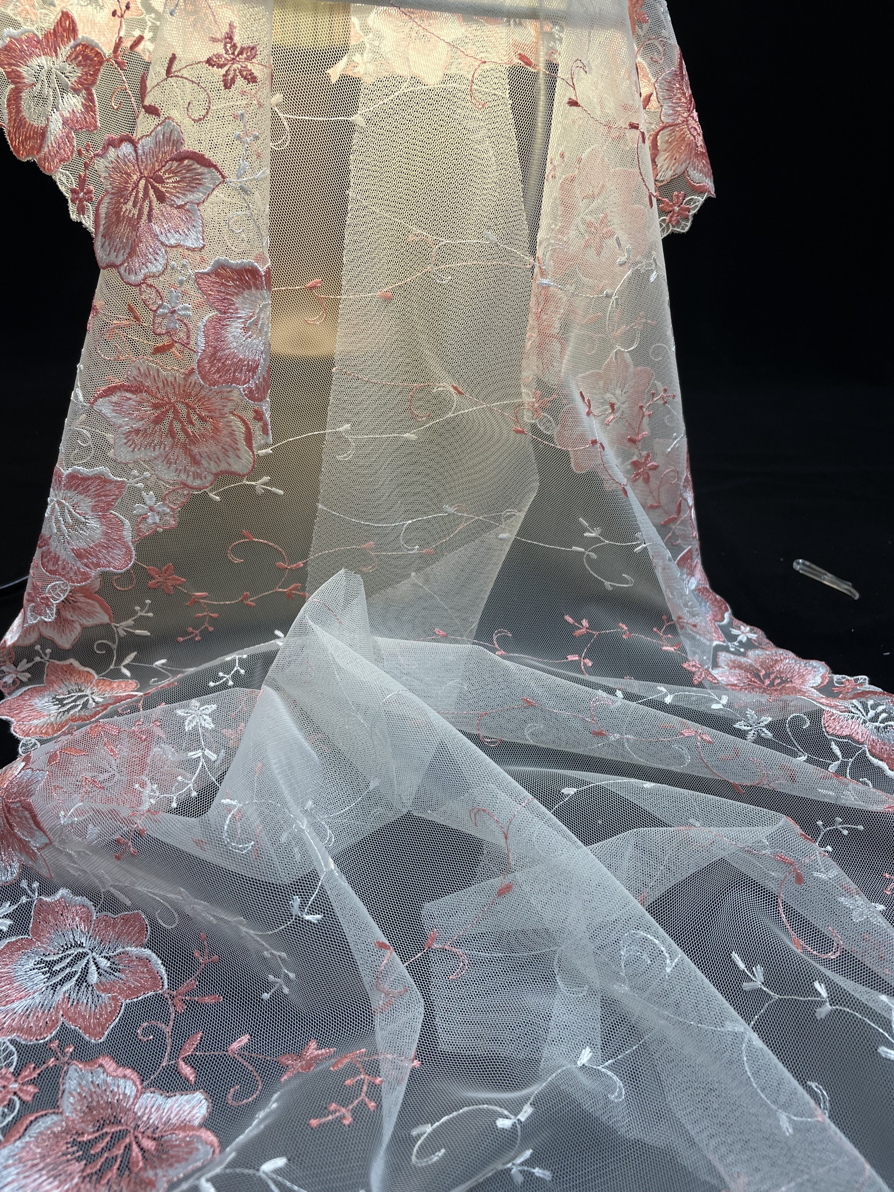 Изысканная кружевная ткань с вышивкой.